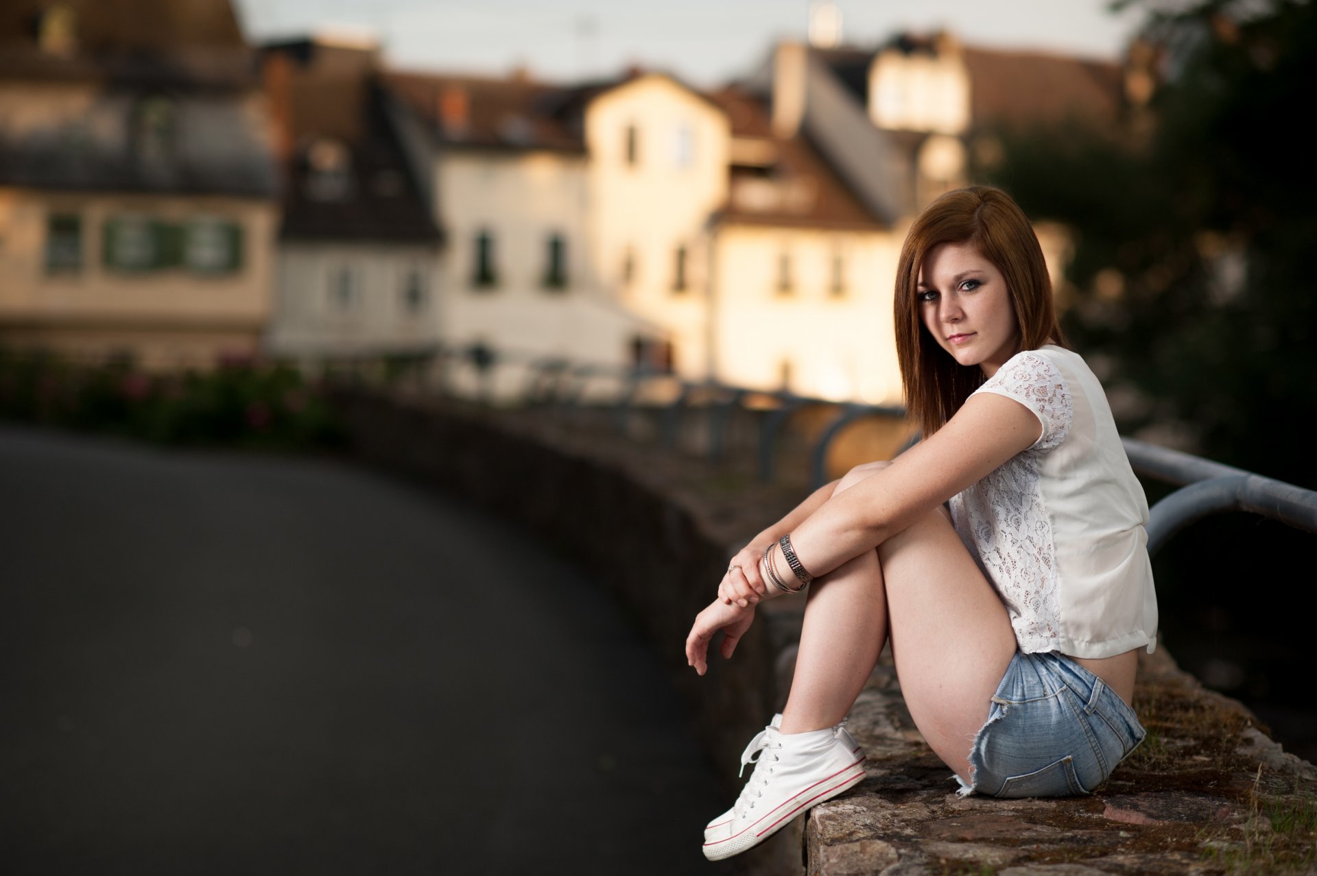 town girl brown hair view shorts shoe