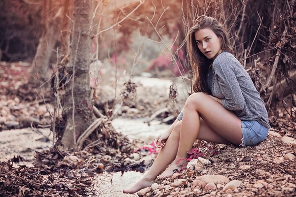 Chica en pantalones cortos se sienta en las rocas en el bosque