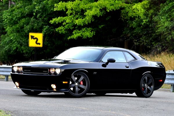 Боком dodge srt8 на дороге с деревьями