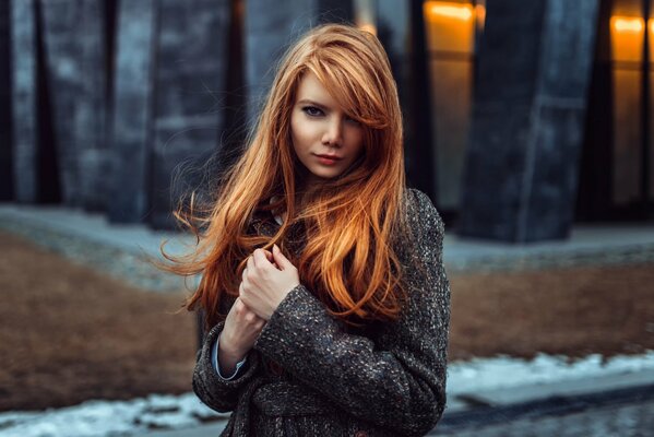 Red-haired tonya. background. photography