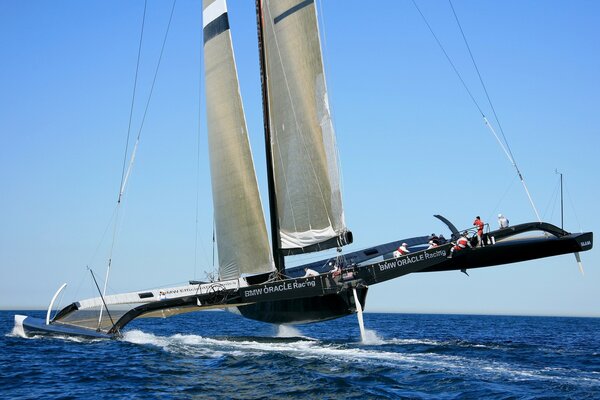 Catamarano nero a vela all orizzonte