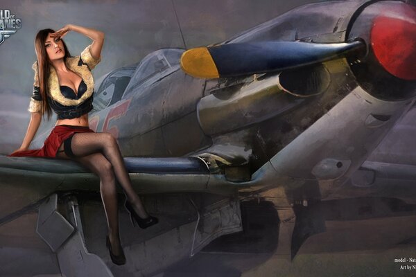 Fille en bas sur l aile de l avion world warplanes