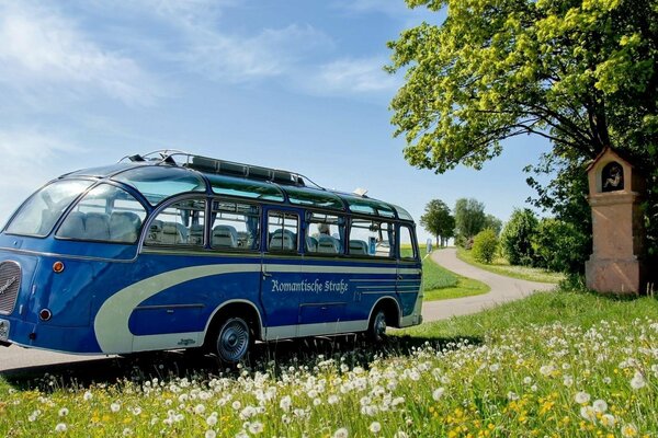 The blue bus is standing on the side of the road