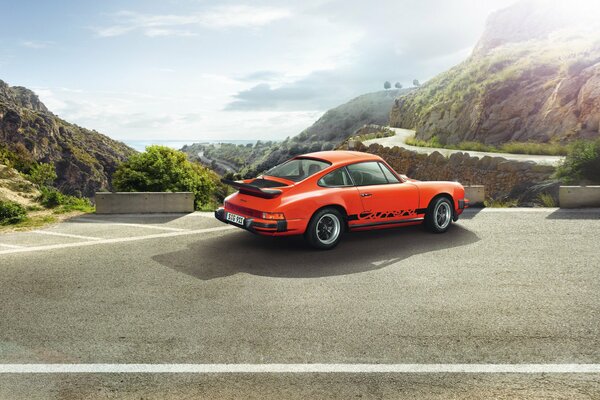 Porsche Coupe orange auf Naturhintergrund