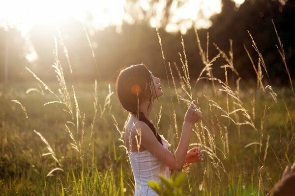 Korean girl on the background of nature in an open field