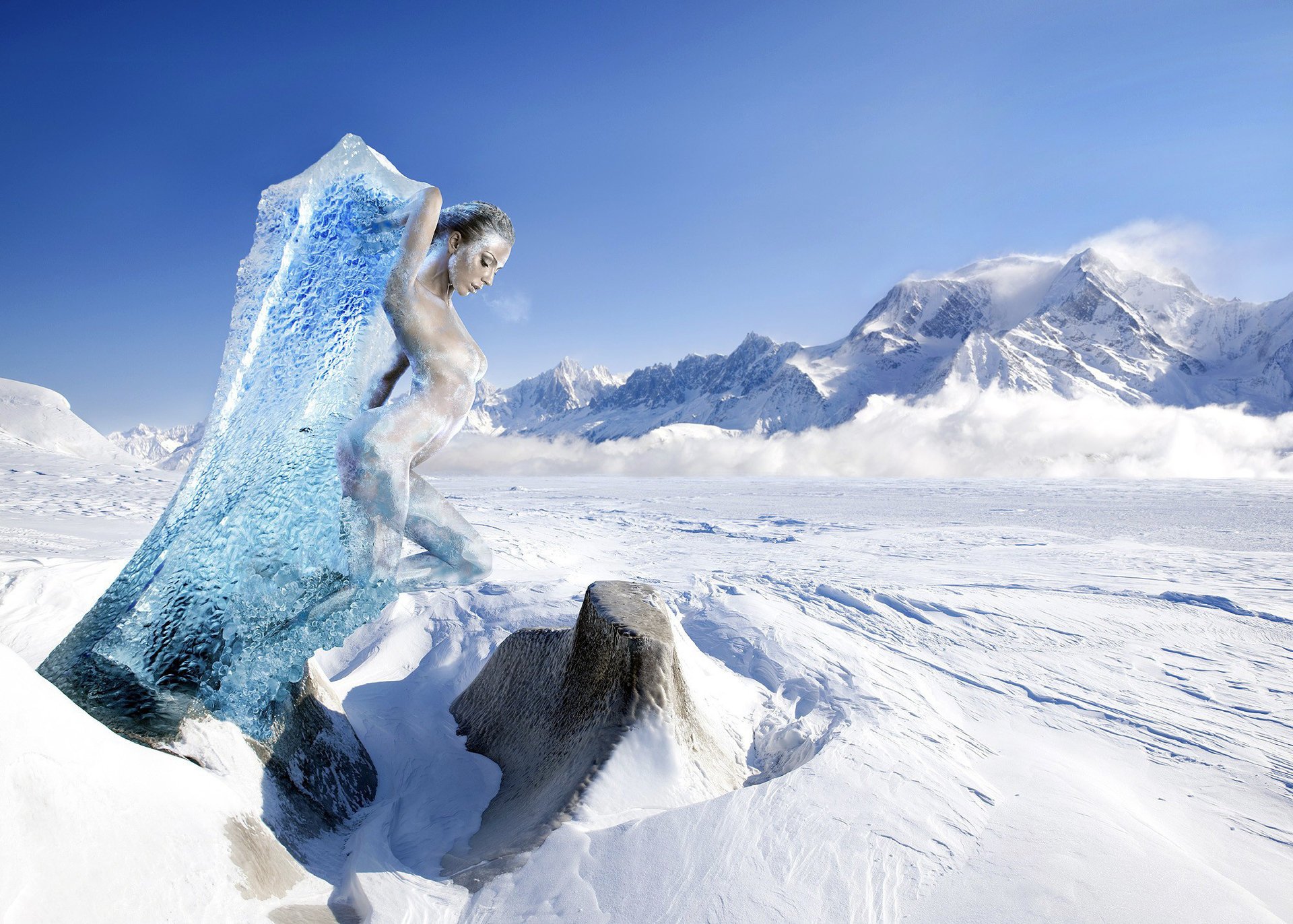 montañas nubes hielo cielo chica nieve bloque escarcha