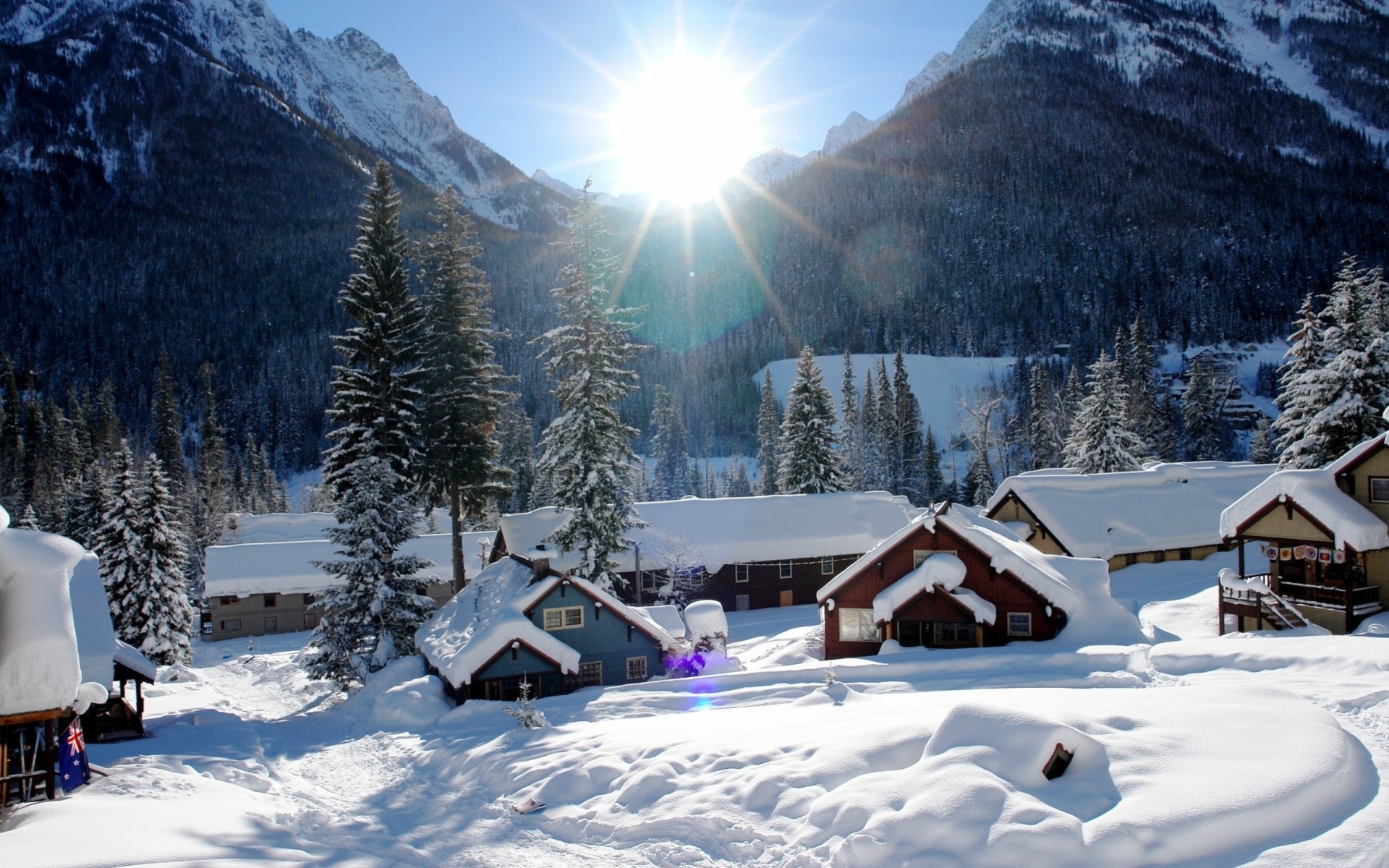 neige montagnes ensoleillé maison panorama hiver photographie paysage