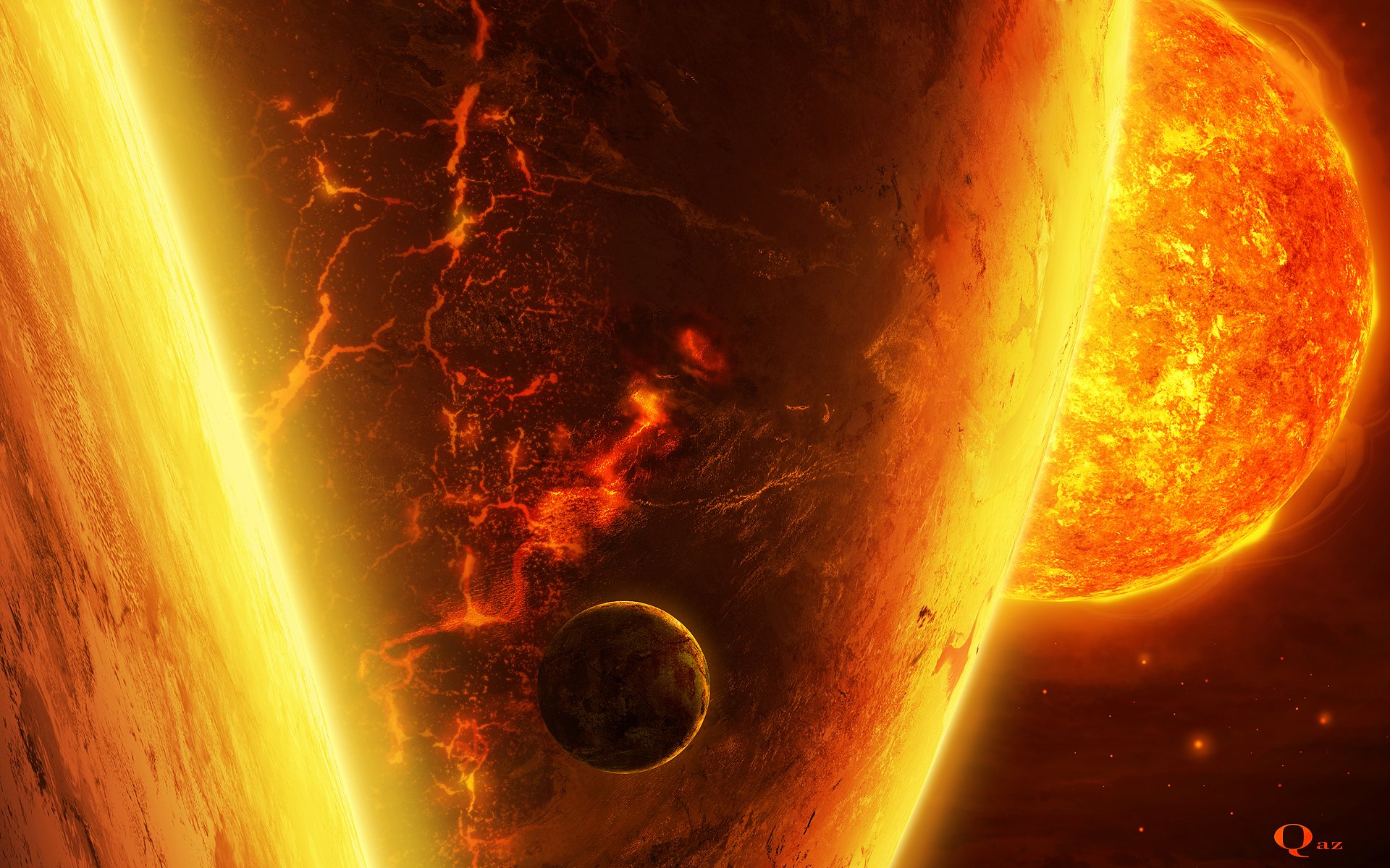 kunst raum planeten satellit sonne stern riese risse lava feuer