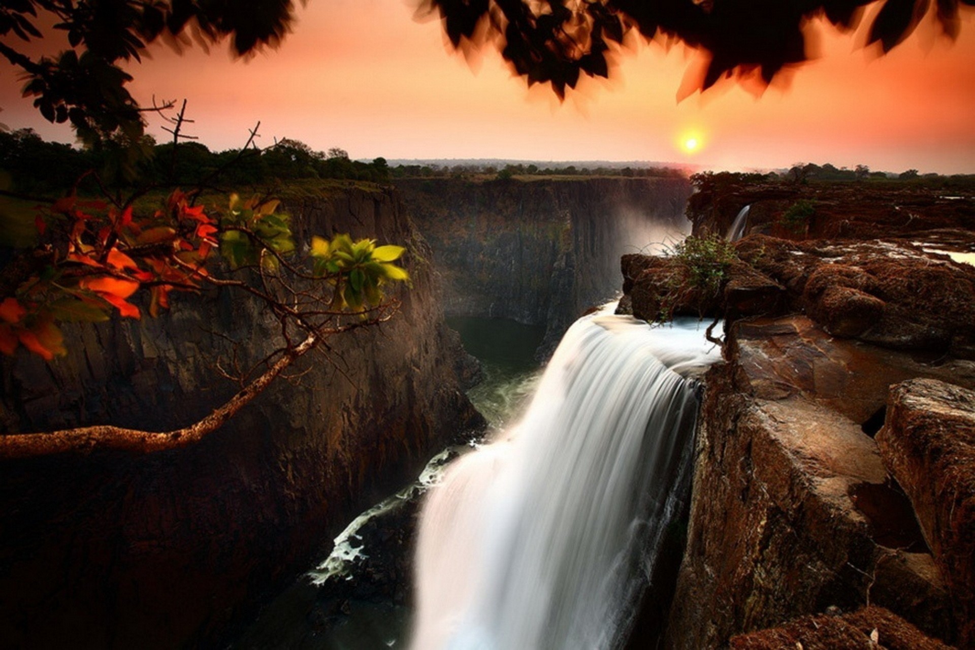 cascada puesta de sol belleza zambia cataratas victoria cañón