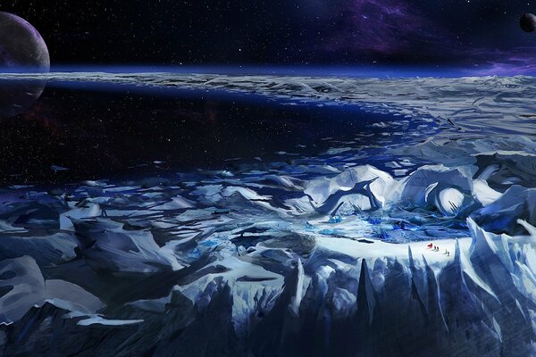 A space planet covered with ice, on which travelers are walking