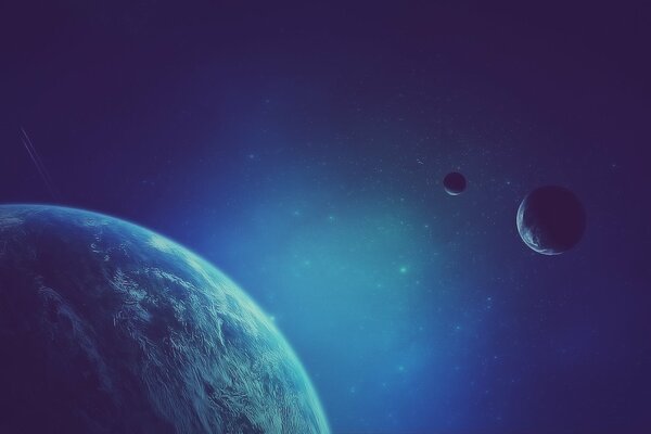 Outer space with planets and satellites