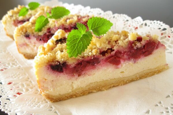 Delicious cheesecake with black currant and mint