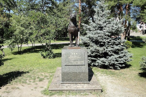 Monument to a dog in a park with trees