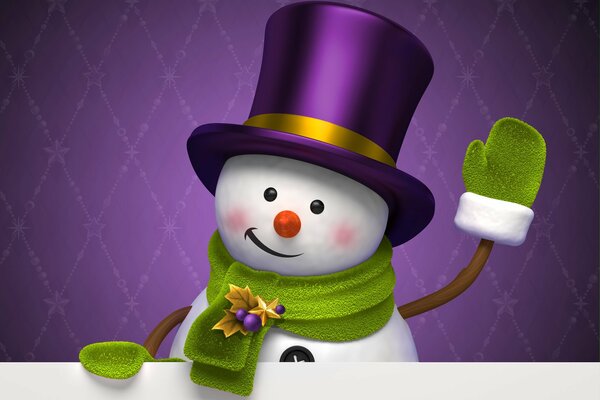 Bonhomme de neige du nouvel an dans un chapeau violet et avec des mitaines vertes