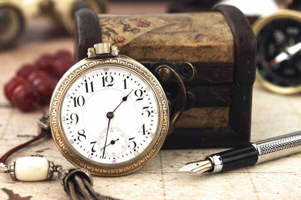 Vintage jewelry box, fountain pen and watch