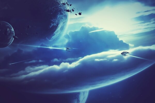 Spaceships against the background of unknown planets and the sky