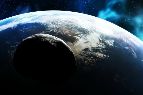 Un asteroide que se acerca al planeta en el espacio