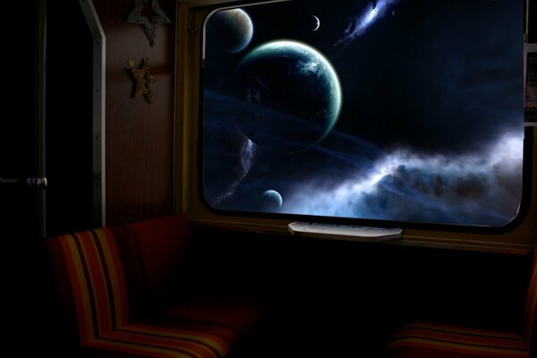 A train car with mysterious planets visible from its window