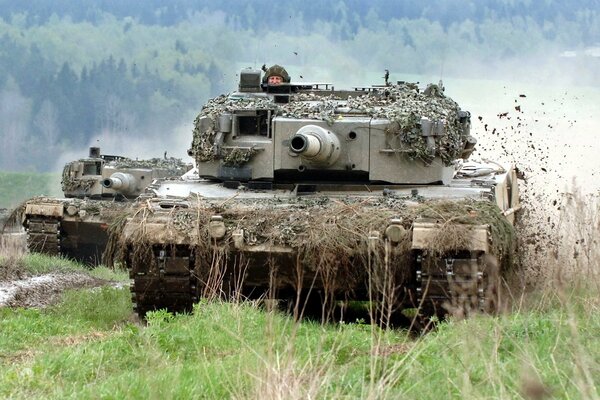 A camouflaged tank with soldiers rides against the background of the forest