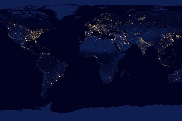 Night image of continents on the globe