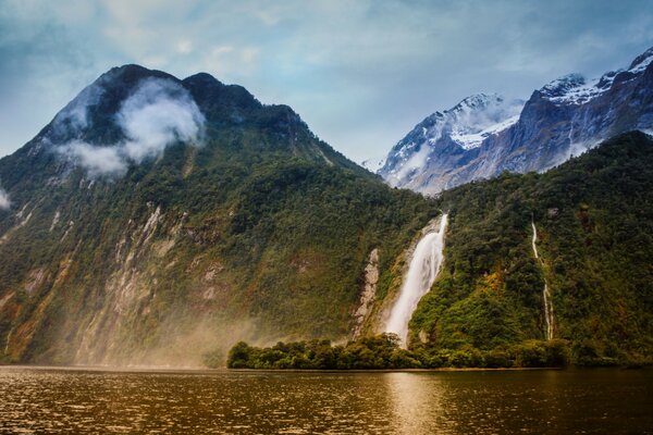 Beautiful nature of Zealand with mountains and waterfalls