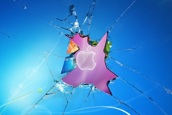 Apple logo on top of windows logo on a broken screen