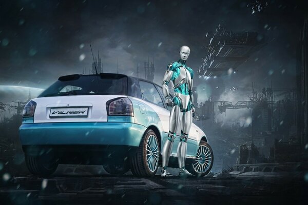 Android next to a car in a creepy place