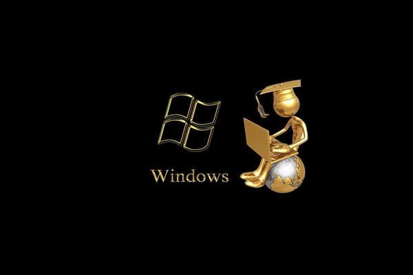 The Windows logo and next to it a man with a laptop with a funny hat