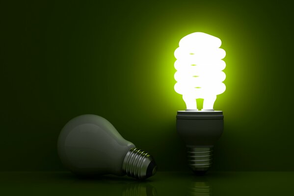 The light bulb is lying next to a burning energy-saving light bulb