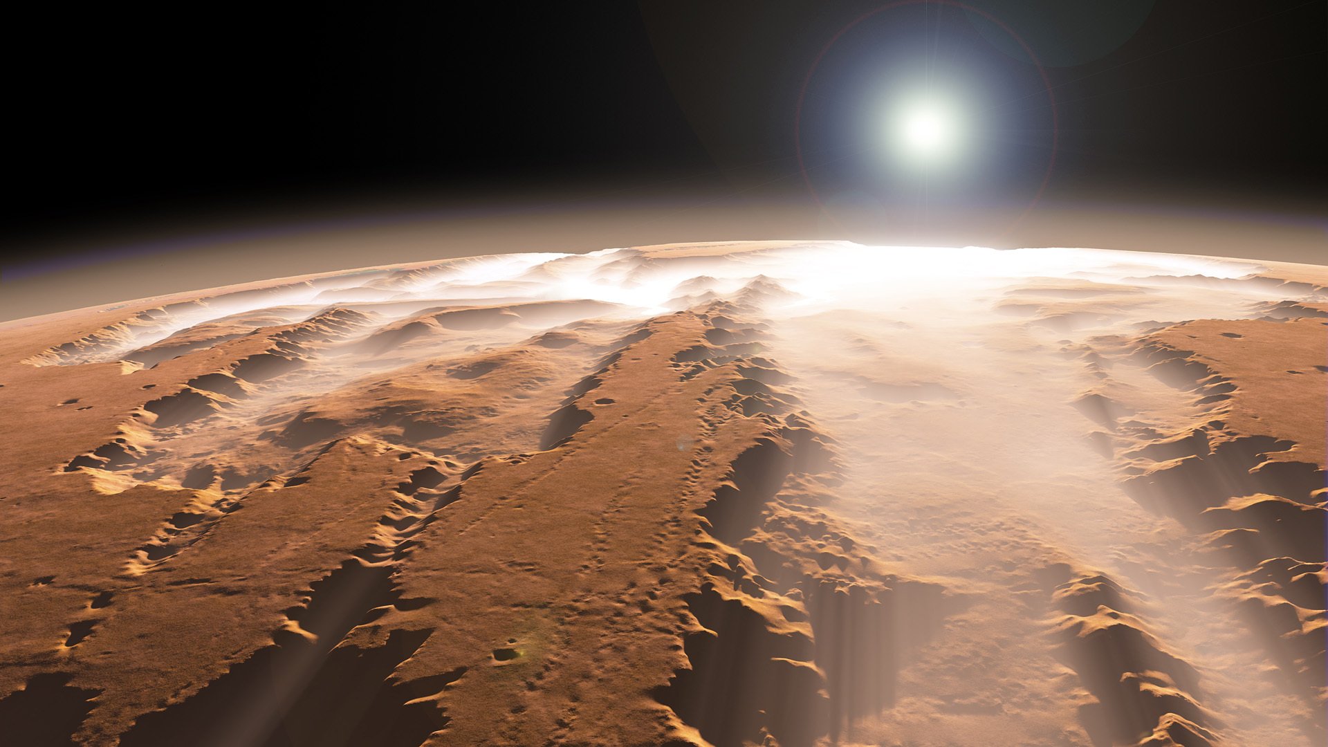 mars kanion słońce mgła planeta