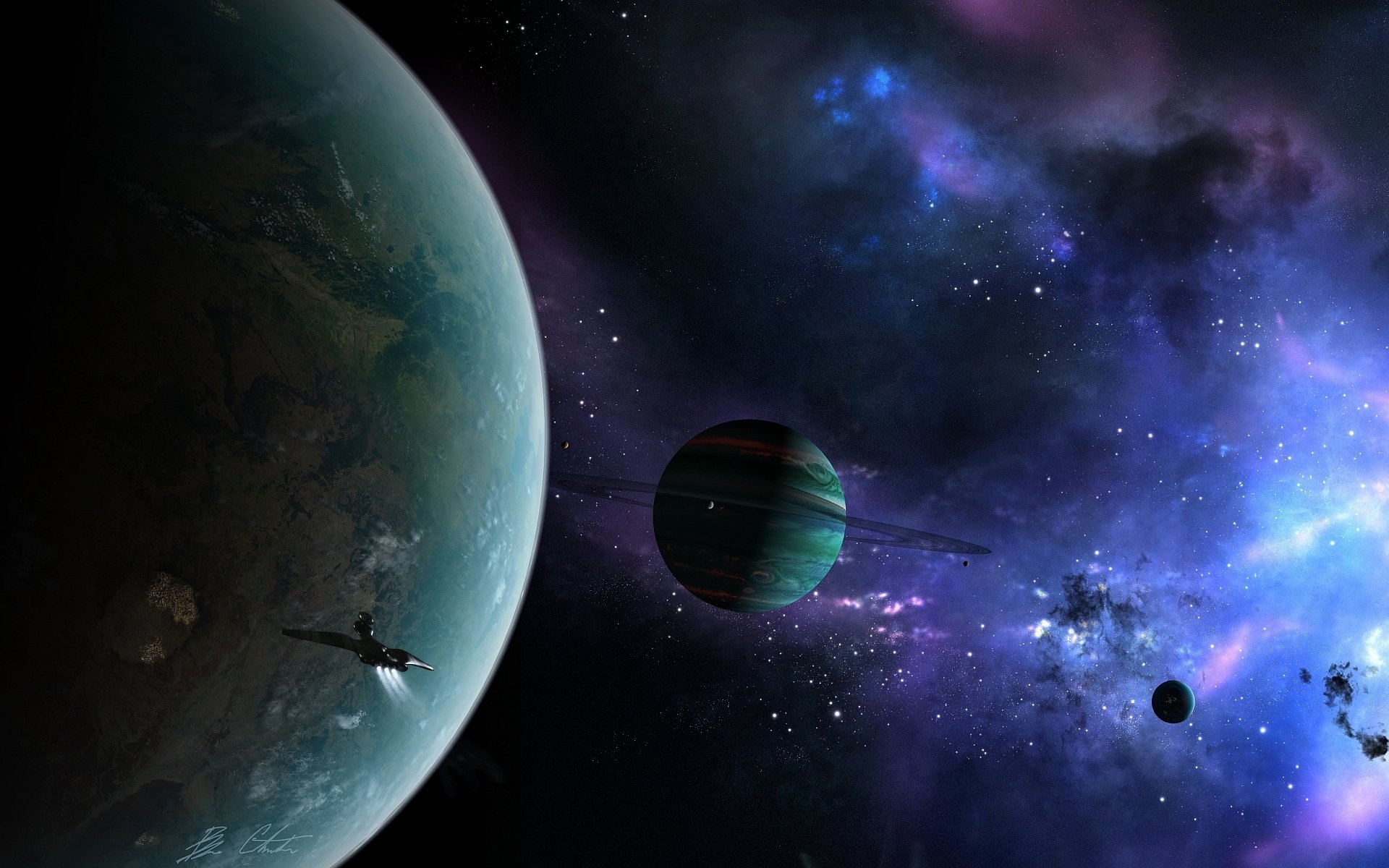 pace planets ship rings nebula