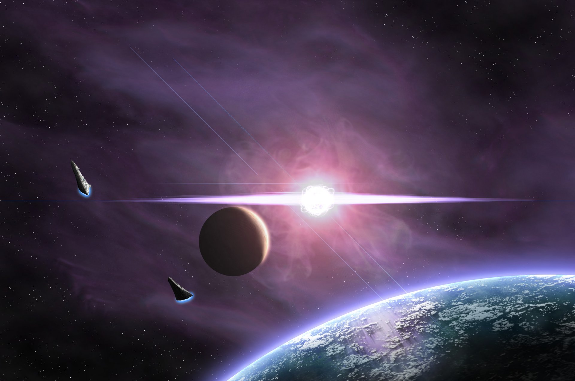 paceships planet satellite star lights flash