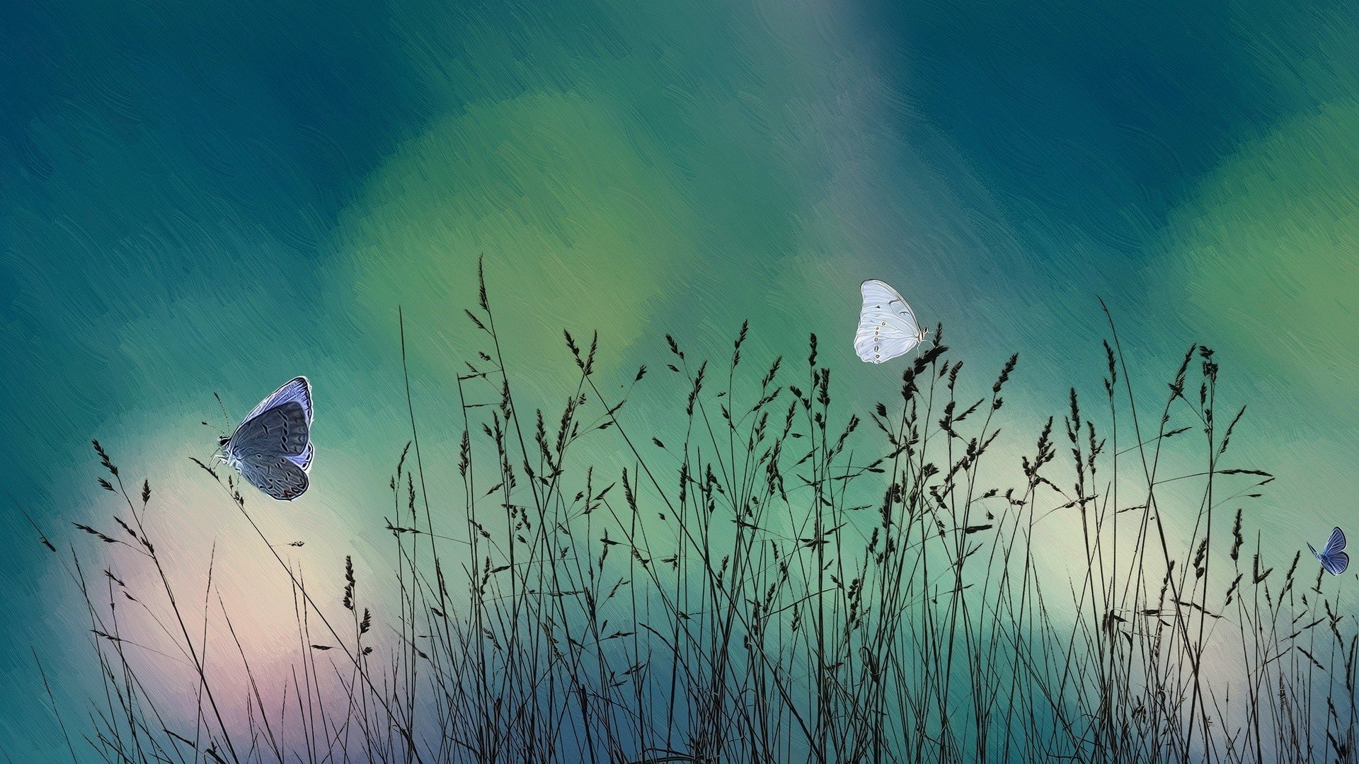 peinture papillon fond herbe