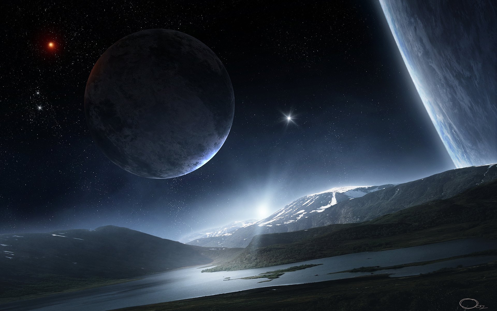 art espace planète étoiles paysage surface satellite montagnes rivière collines eau