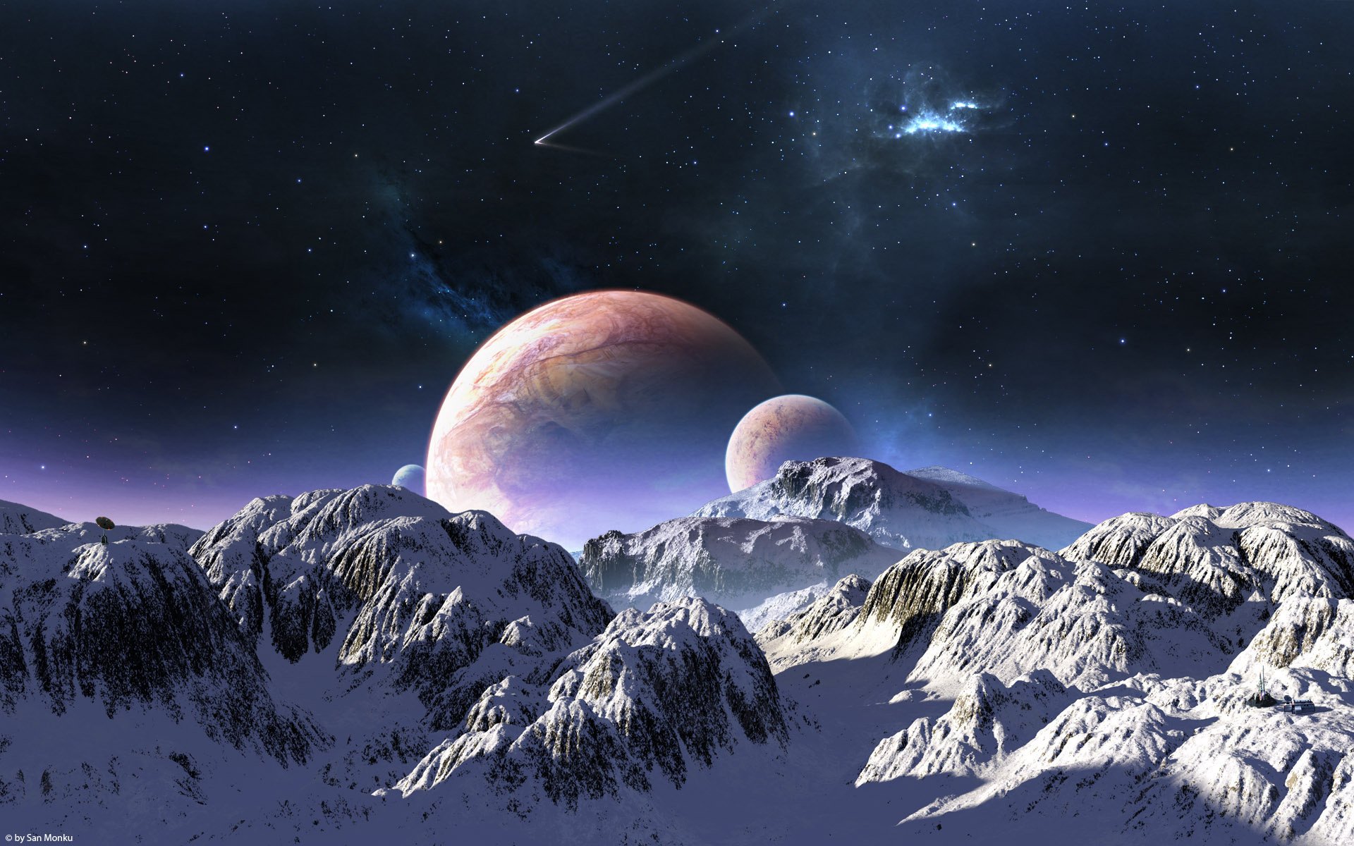terraspace montañas nieve cielo planetas estrellas cometa