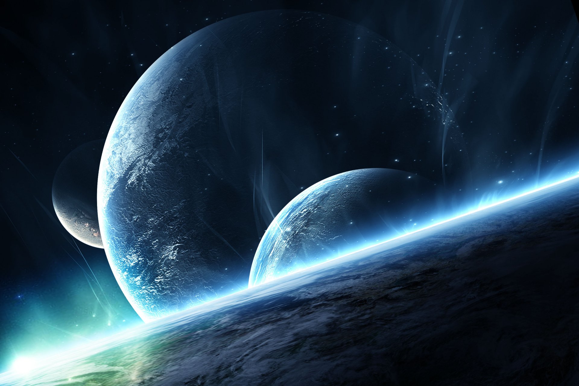 planetas atmósfera superficie amanecer estrellas