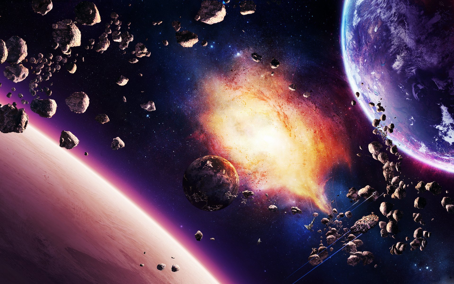asteroiden nebel planeten schiffe sterne