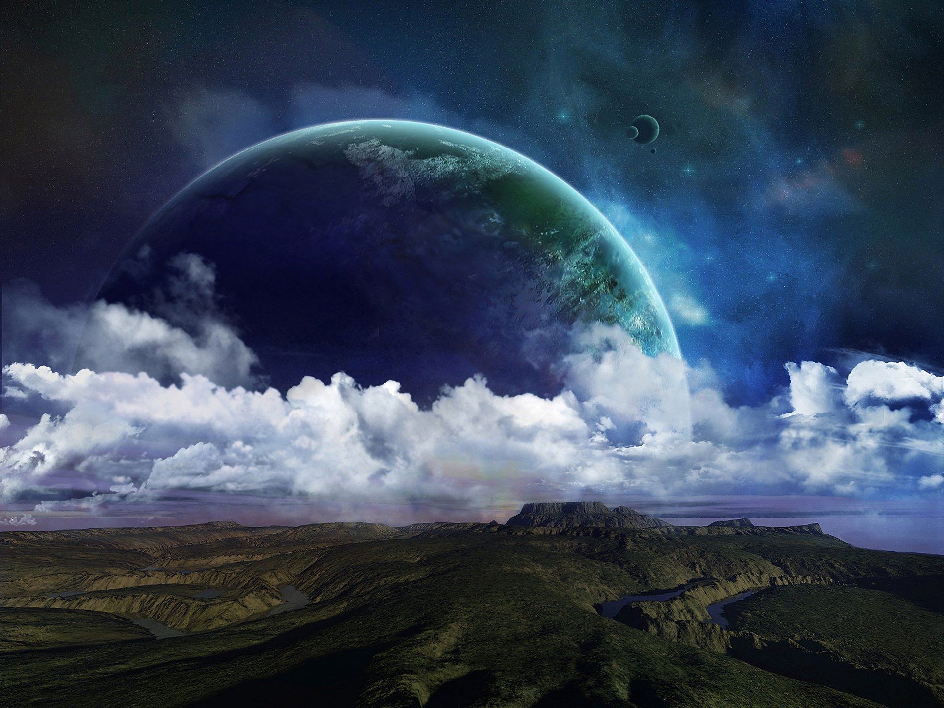 pianeta nuvole terreno superficie fiumi colline satelliti stelle