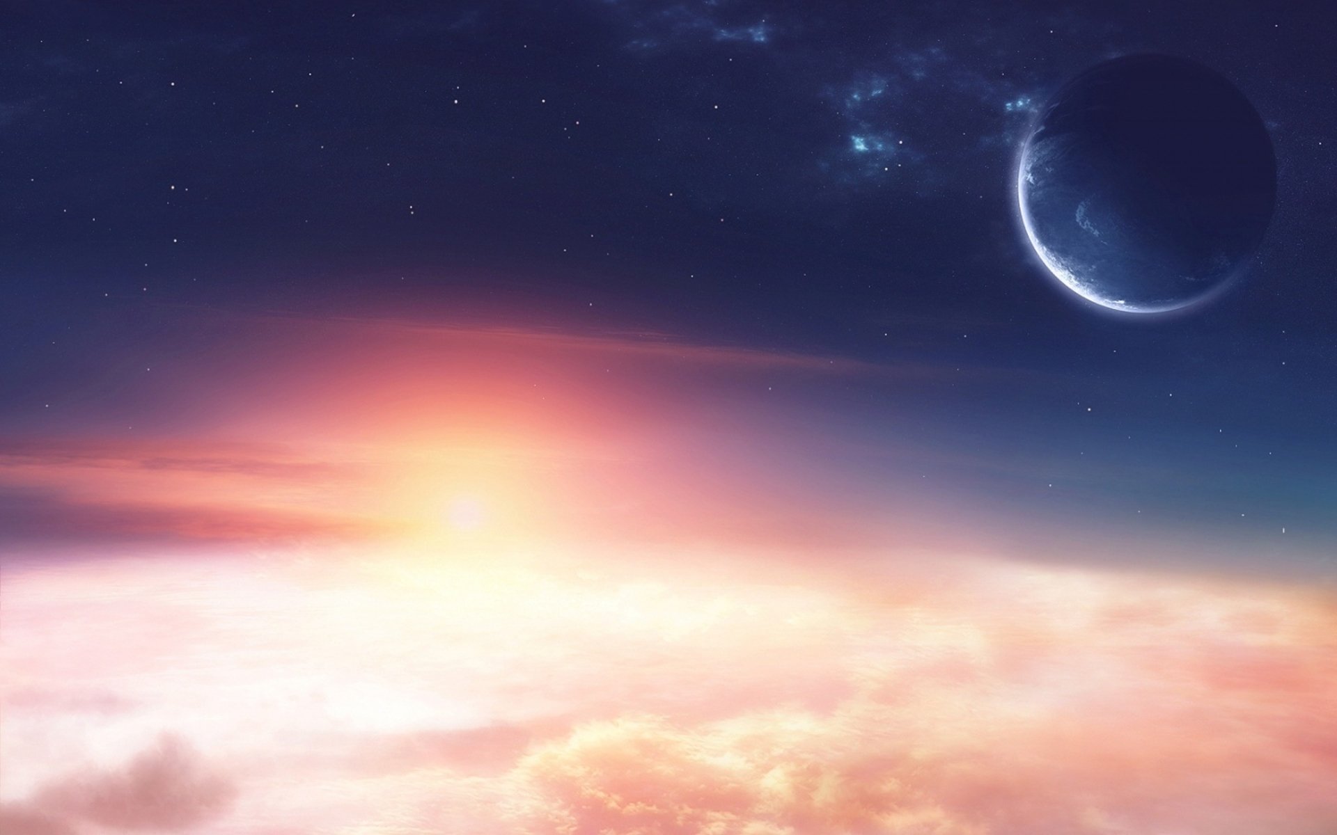 planets stars sunrise clouds light space