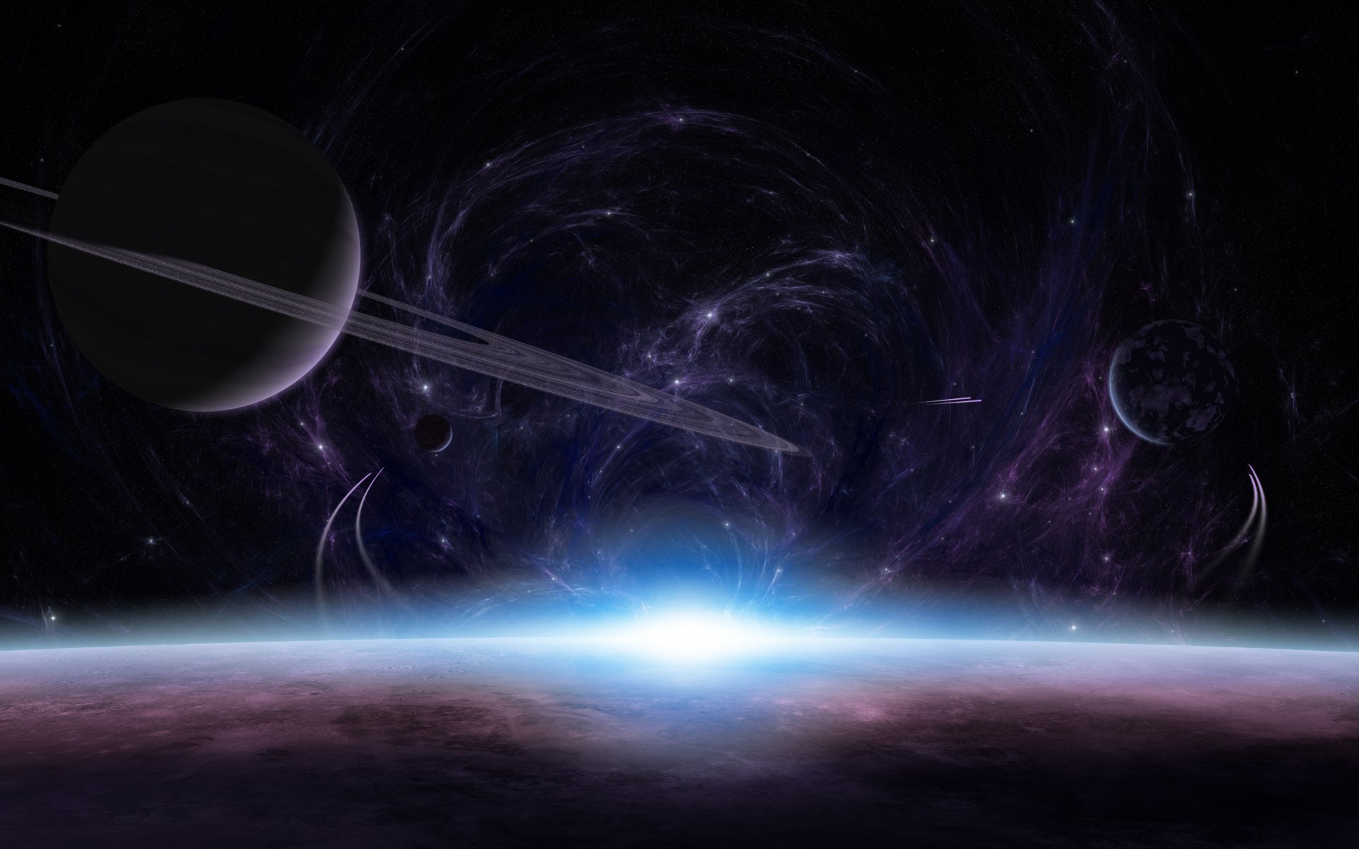 planètes atmosphère surface lever du soleil lumière anneaux satellites étoiles nébuleuse vaisseaux spatiaux