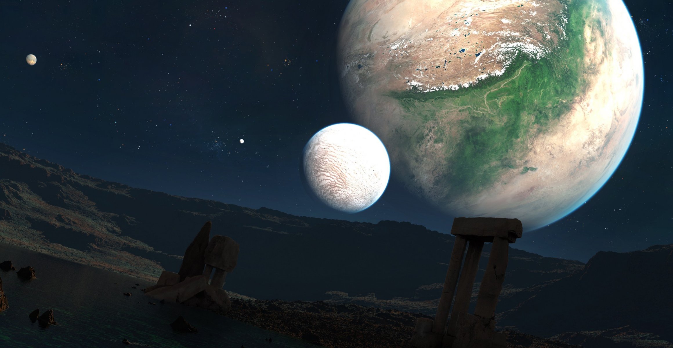 planètes étoiles paysage ruines colonnes arches lac roches pierres