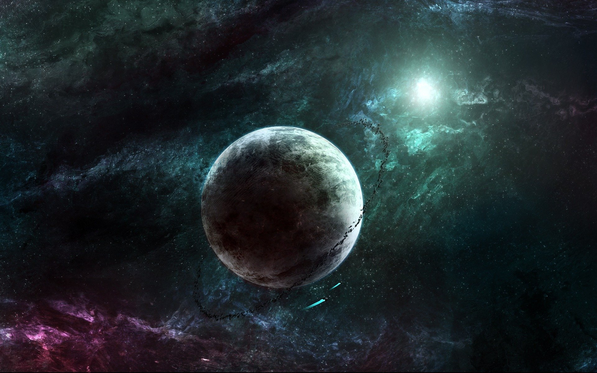 espace planète nébuleuse couleurs flash vaisseaux spatiaux anneau astéroïdes univers abîme