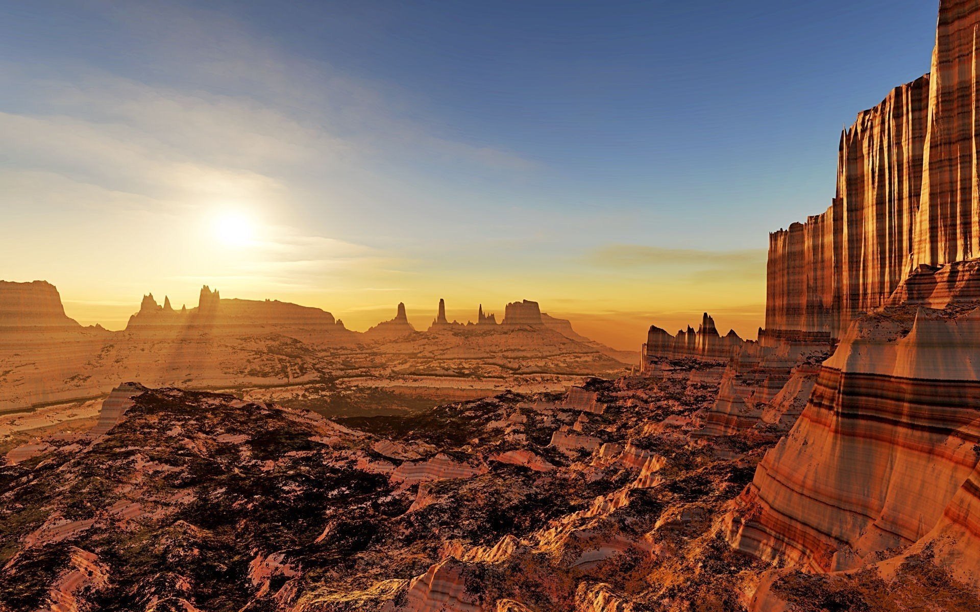 unset rocks the sun landscape layers lightdrop art