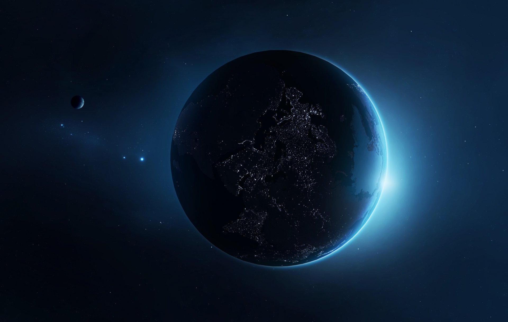 planeta satélite estrellas luces civilización