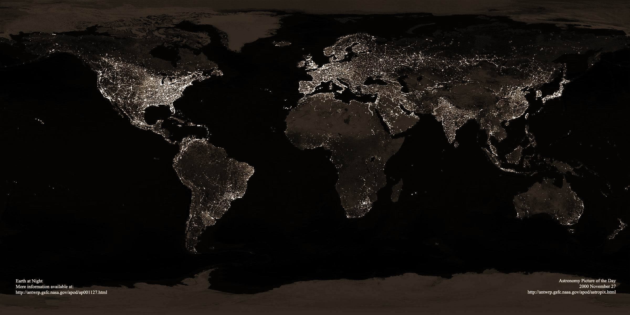 land night lights cities countries continents ocean