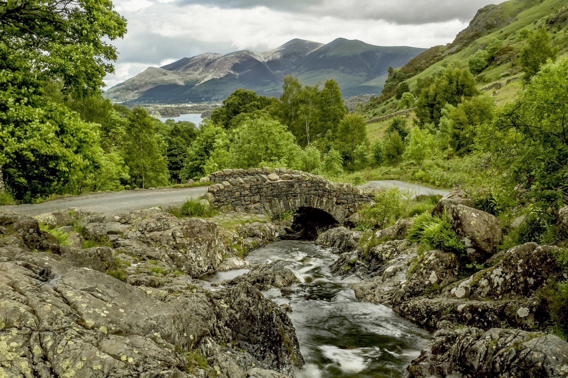 steine landschaft england brücke fluss straße berge bäume