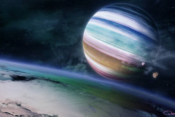 Der Planet ist ein Gasriese, ähnlich wie ein heller Regenbogen im Weltraum scheint der Planet