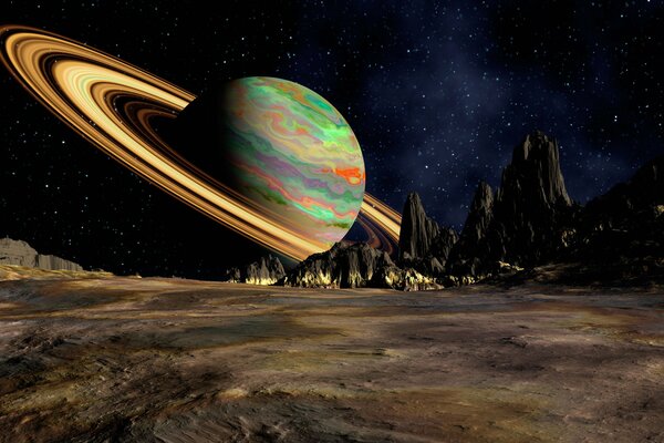 A colored planet with rings on the horizon