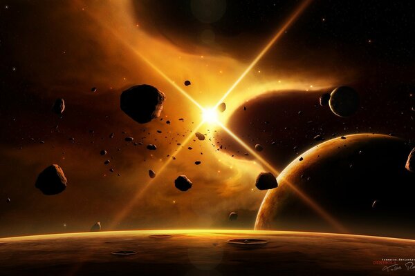 Asteroids above the planet illuminated by the sun