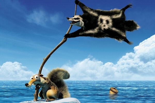 A squirrel floats on an ice floe with a pirate flag in its paws